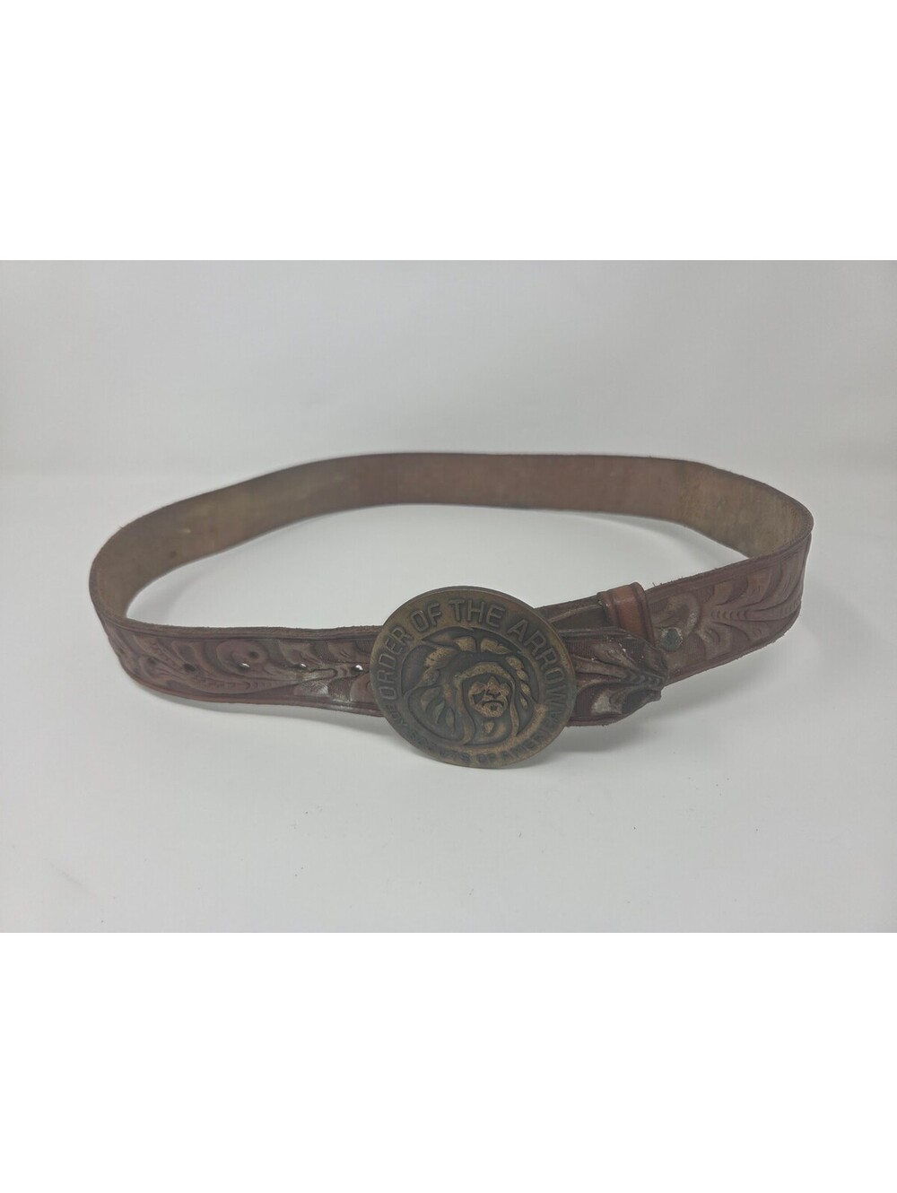 Vintage Tooled 32" Belt & Order of the Arrow Brass Buckle- Boy Scouts of America